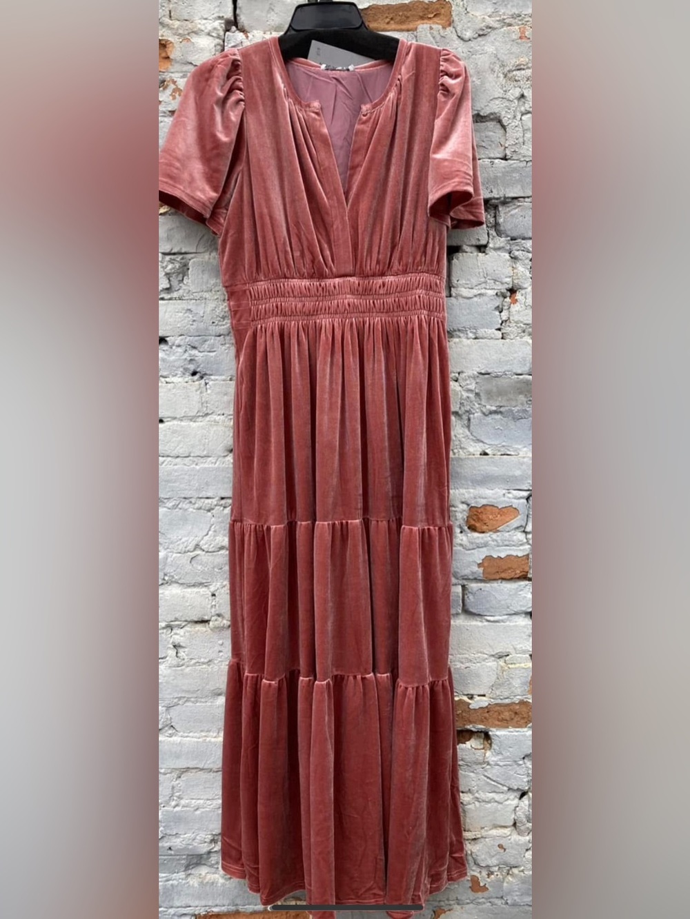 Women’s crushed Velvet Tiered Maxi Dress in Dusty Rose size small
